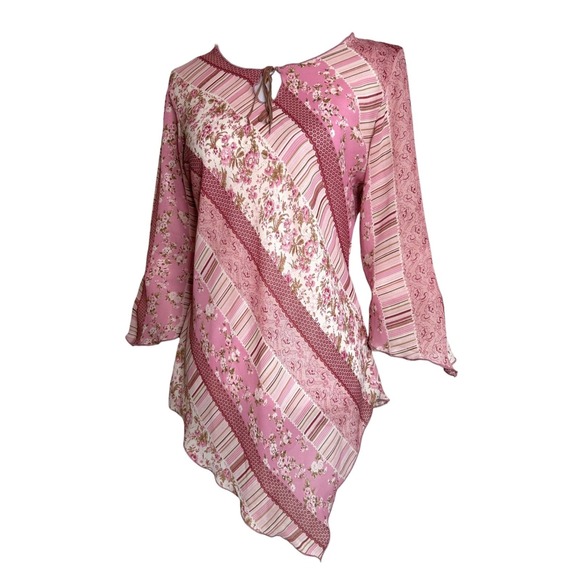 Vintage Pink Floral Asymmetric Sheer Tunic Top Fairy Grunge Fashion Bug Size S - Picture 4 of 11